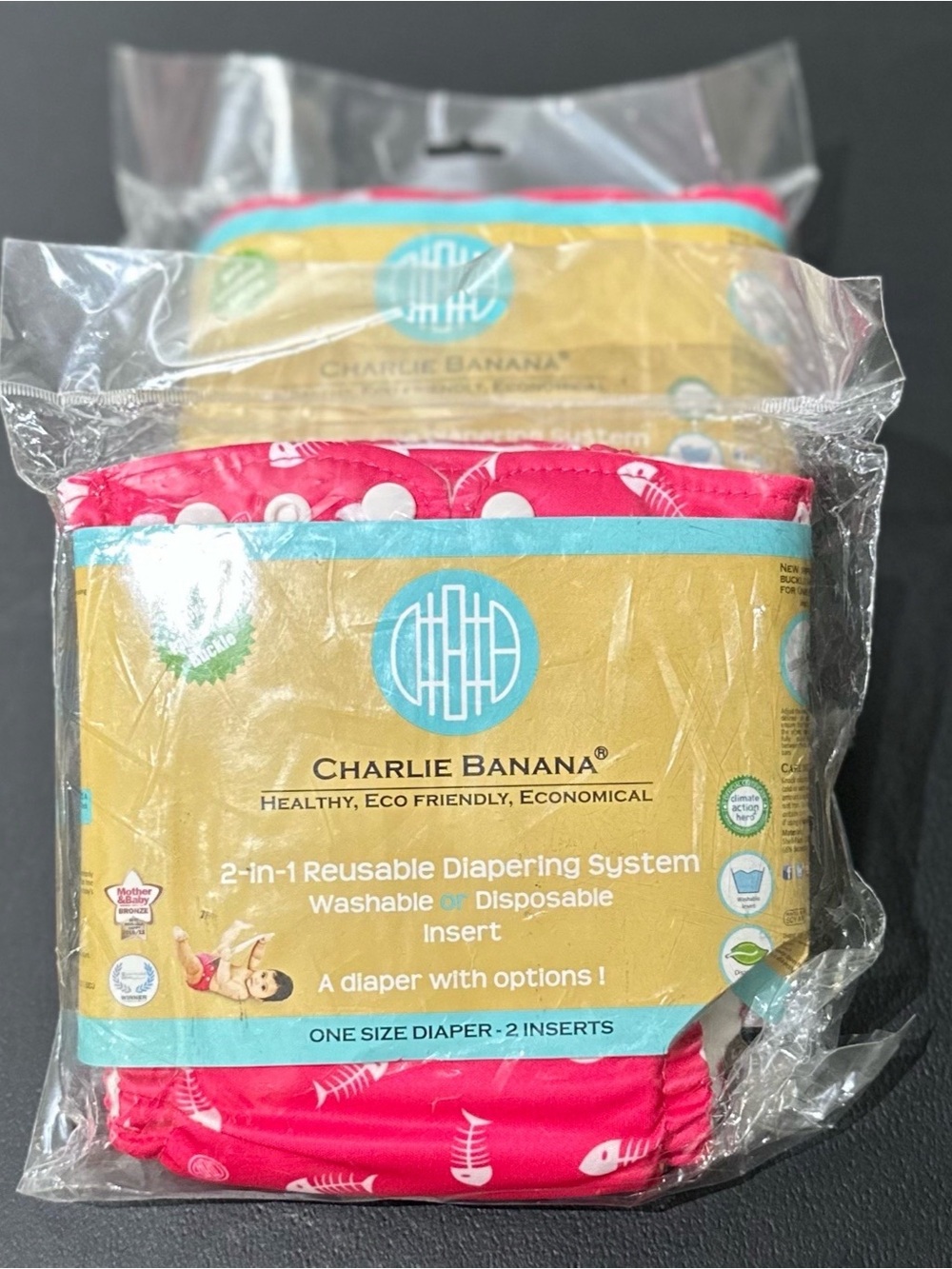2 Charlie Banana Pink Fishbone Print Reusable Diaper Shells and 4 inserts